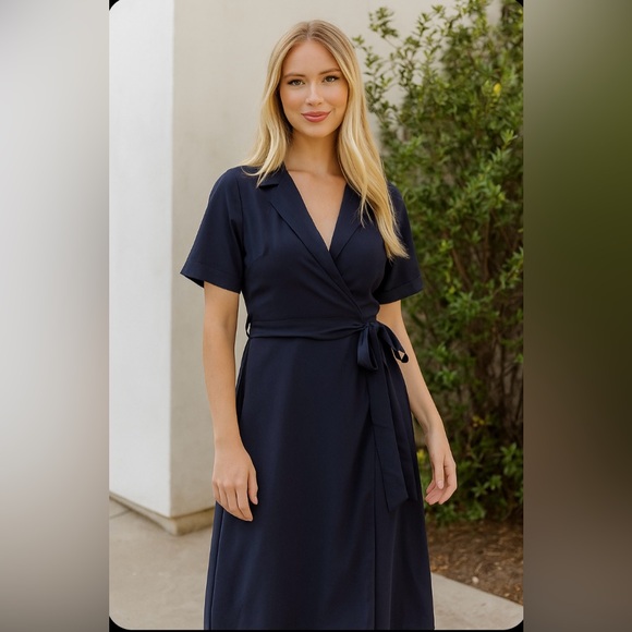 bohme Dresses & Skirts - Böhme‎ Navy Wrap Dress Size Large Pockets  Midi Belted Classic Chic Style